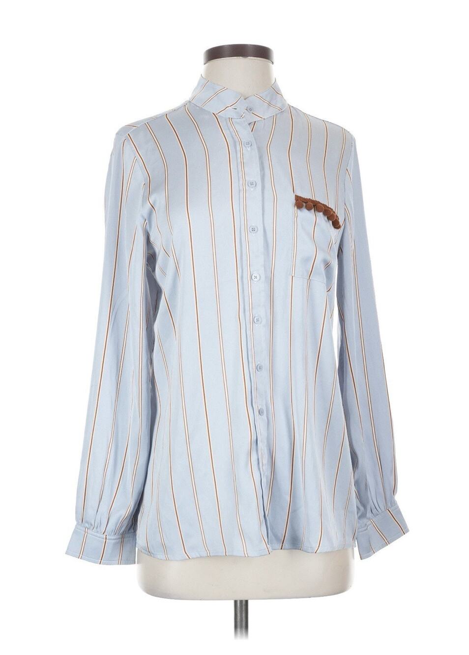 the shirt rochelle behrens Blue Striped Pompom Pocket Button Down Small